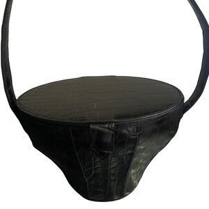 STAUD Black Croc-Embossed Leather Bucket Bag with Mirror Lid